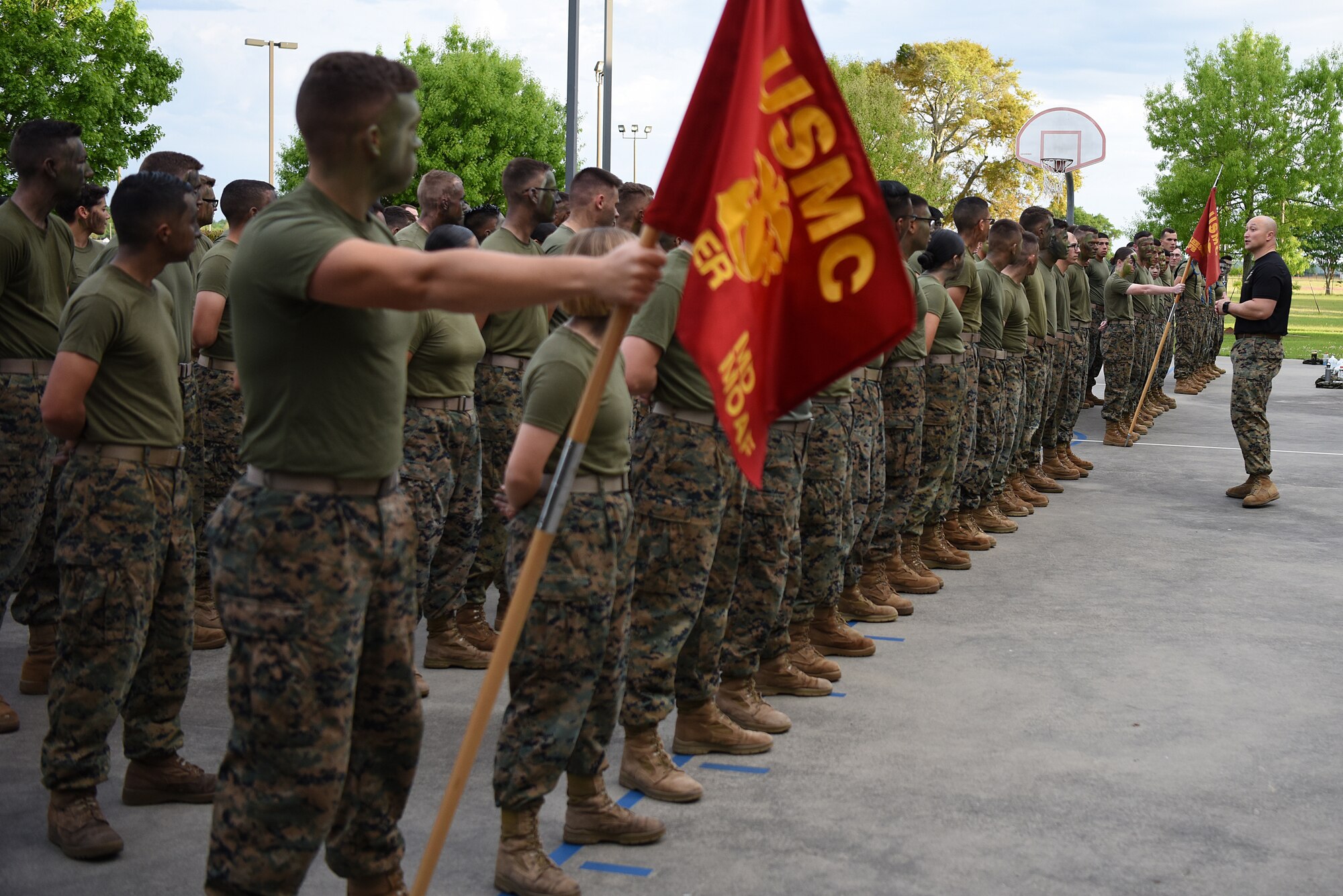 U.S. Marine Corps 1st Sgt. Earl Delack II, Marine Detachment first sergeant, delivers a safety briefing to Keesler Marine Detachment students during the 2nd Annual Warrior Day at Keesler Air Force Base, Mississippi, April 6, 2018. Ten teams competed against each other in eight events that served to promote unit cohesion, camaraderie and small unit leadership. The winning team received a Warrior Medallion as well as a coin. (U.S. Air Force photo by Airman 1st Class Suzie Plotnikov)