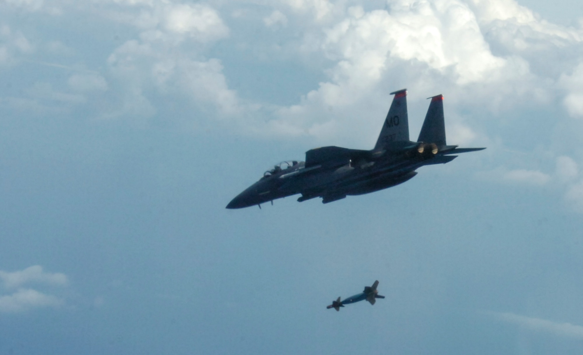 A 391st Fighter Squadron F-15E Strike Eagle drops a munition April 3, 2018, at Tyndall Air Force Base, Florida. The 391st FS from Mountain Home AFB, Idaho, recently participated in Combat Archer and Hammer.