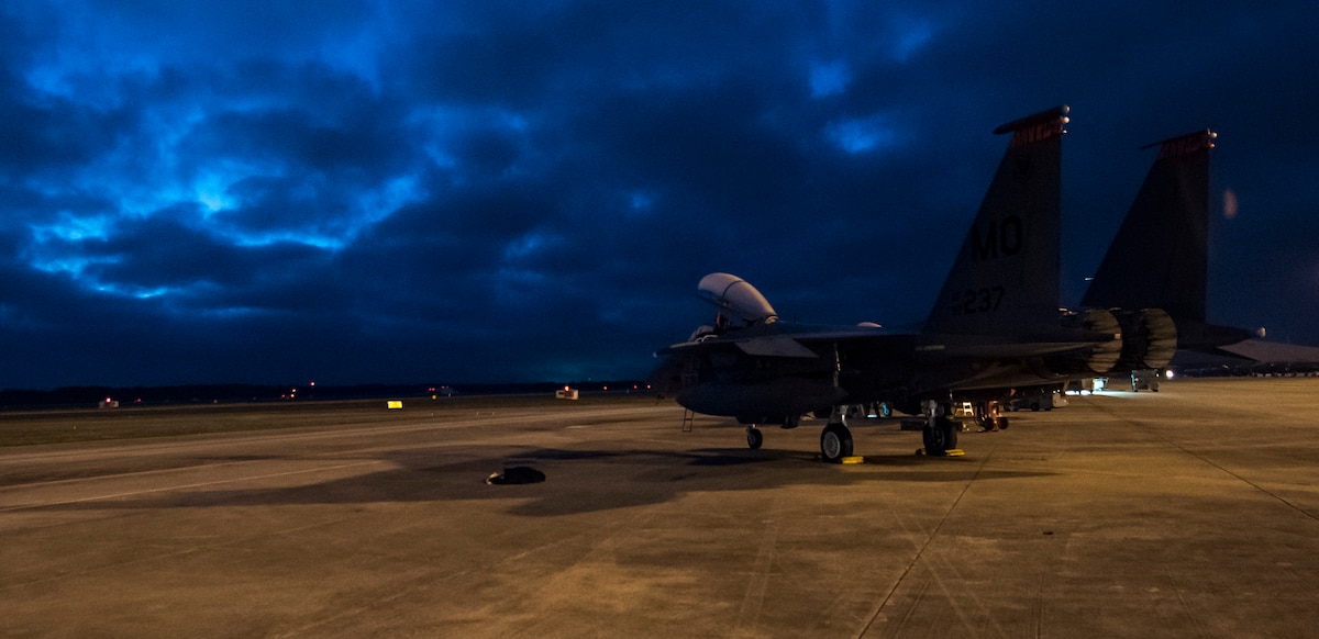 A 391st Fighter Squadron F-15E Strike Eagle parks for the night April 2, 2018, at Tyndall Air Force Base, Florida. The 391st FS recently participated in Combat Archer and Hammer, which tested both air-to-air and air-to-ground maneuvers