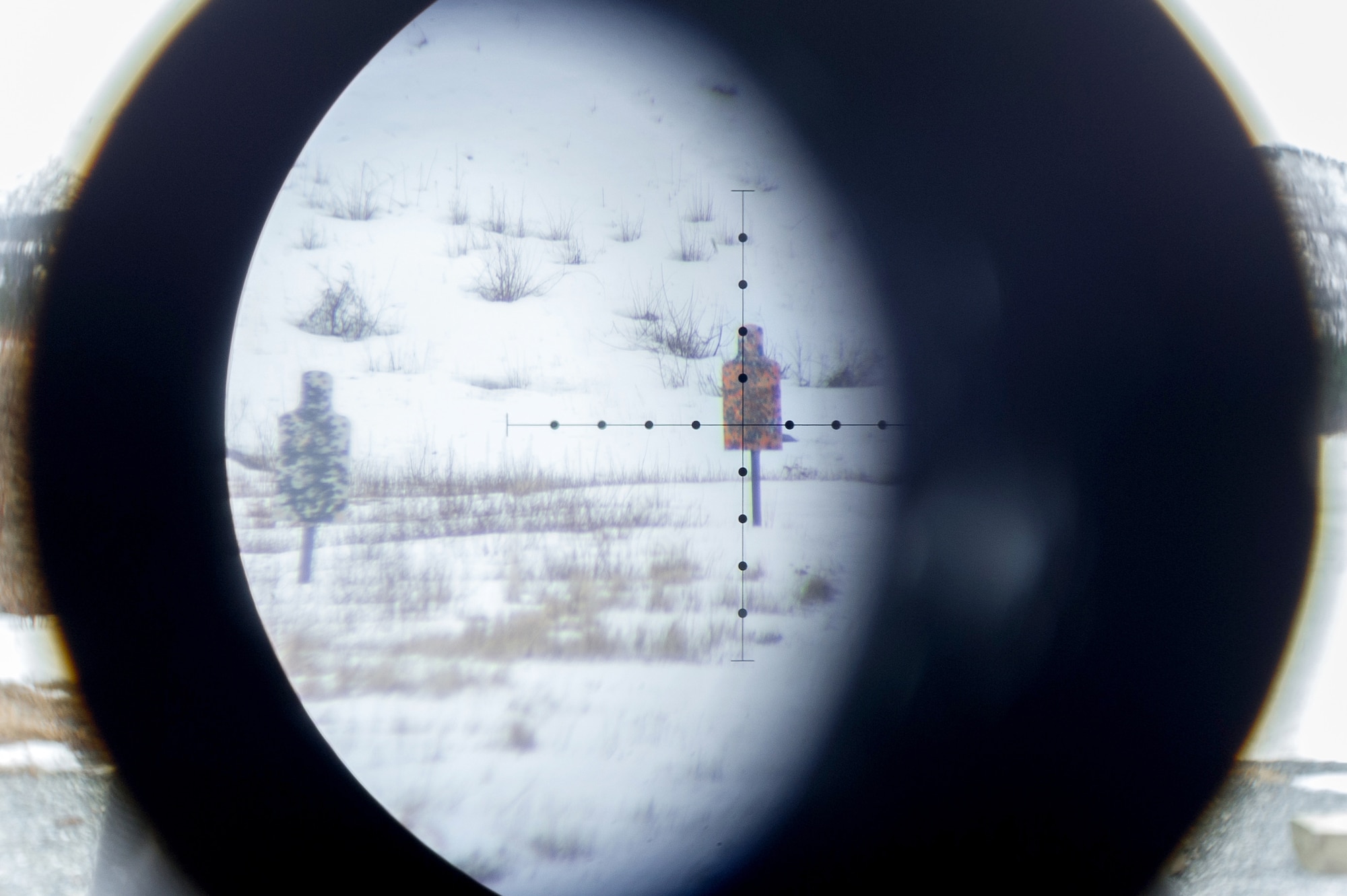 Long-distance targets are seen through a spotting scope as paratroopers assigned to the 1st Squadron, 40th Cavalry Regiment (Airborne), 4th Infantry Brigade Combat Team (Airborne), 25th Infantry Division, U.S. Army Alaska, hone marksmanship skills with M110 Semi-Automatic Sniper Systems and M2010 Enhanced Sniper Rifles on Statler range at Joint Base Elmendorf-Richardson, Alaska, April 6, 2018.  A sniper's main responsibility is to deliver discriminatory, highly accurate rifle fire against enemy targets that cannot be engaged successfully by the regular rifleman due to range, size, location, fleeting nature, or visibility.