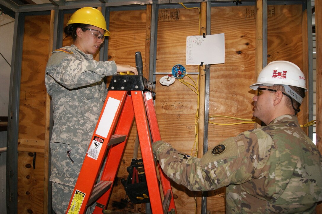 (Right) Staff Sgt. William Smith, a 102nd Training Division instructor, teaches Sgt. Taylor Crutchfield, with the 226th Maneuvering Enhancement Brigade, electrical circuitry during the 12R Interior Electrician course at The Army School System Training Center Dix, New Jersey, March 29, 2018.