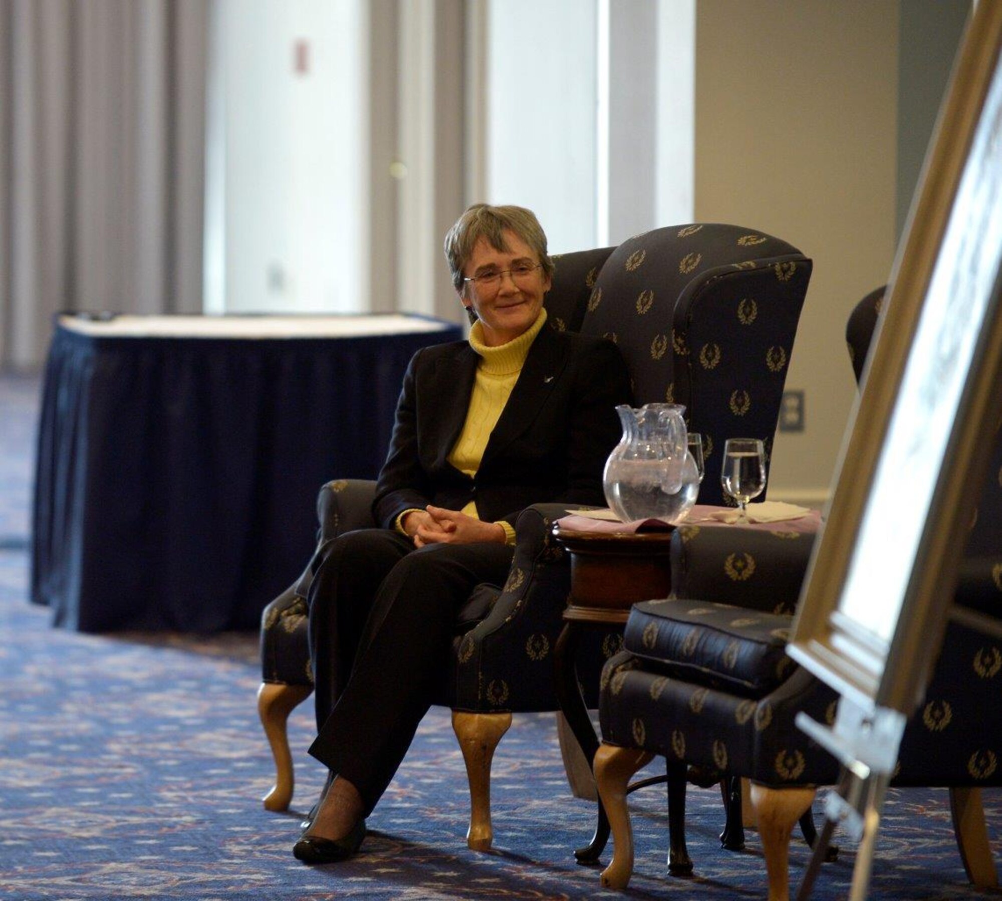 Secretary of the Air Force Heather Wilson listens as former SecAF Deborah Lee James speaks during her portrait unveiling ceremony at Joint Base Anacostia-Bolling, Washington, D.C., April 6, 2018. During the ceremony, Wilson spoke about James’ leadership and dedication to the military. (U.S. Air Force photo by Staff Sgt. Rusty Frank)