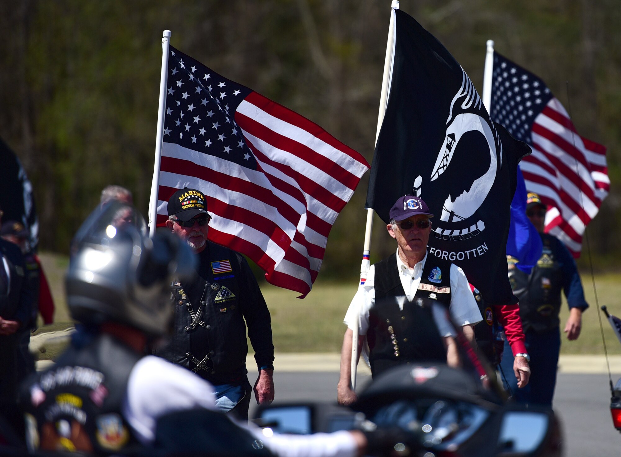 Patriot Guard Riders of North Carolina attend the funeral ceremony for Col. Edgar Davis April 6, 2018, in Goldsboro, North Carolina. Davis served as an RF-4C Phantom navigator during the Vietnam War assigned to the 11th Tactical Reconnaissance Squadron. The unit exists today as the 11th Attack Squadron, flying the MQ-9 Reaper. (U.S. Air Force photo by Senior Airman Christian Clausen)