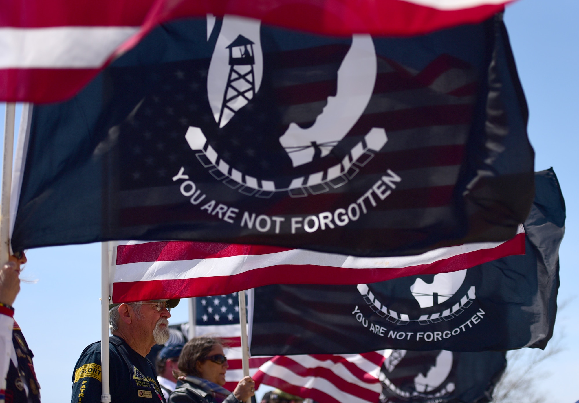Patriot Guard Riders of North Carolina attend Col. Edgar Davis’ funeral ceremony April 6, 2018, in Goldsboro, North Carolina. Davis was shot down during a night photo-reconnaissance mission over Laos during the Vietnam War. After initial rescue efforts were unsuccessful, he was assumed dead and his remains stayed missing for 50 years. (U.S. Air Force photo by Senior Airman Christian Clausen)