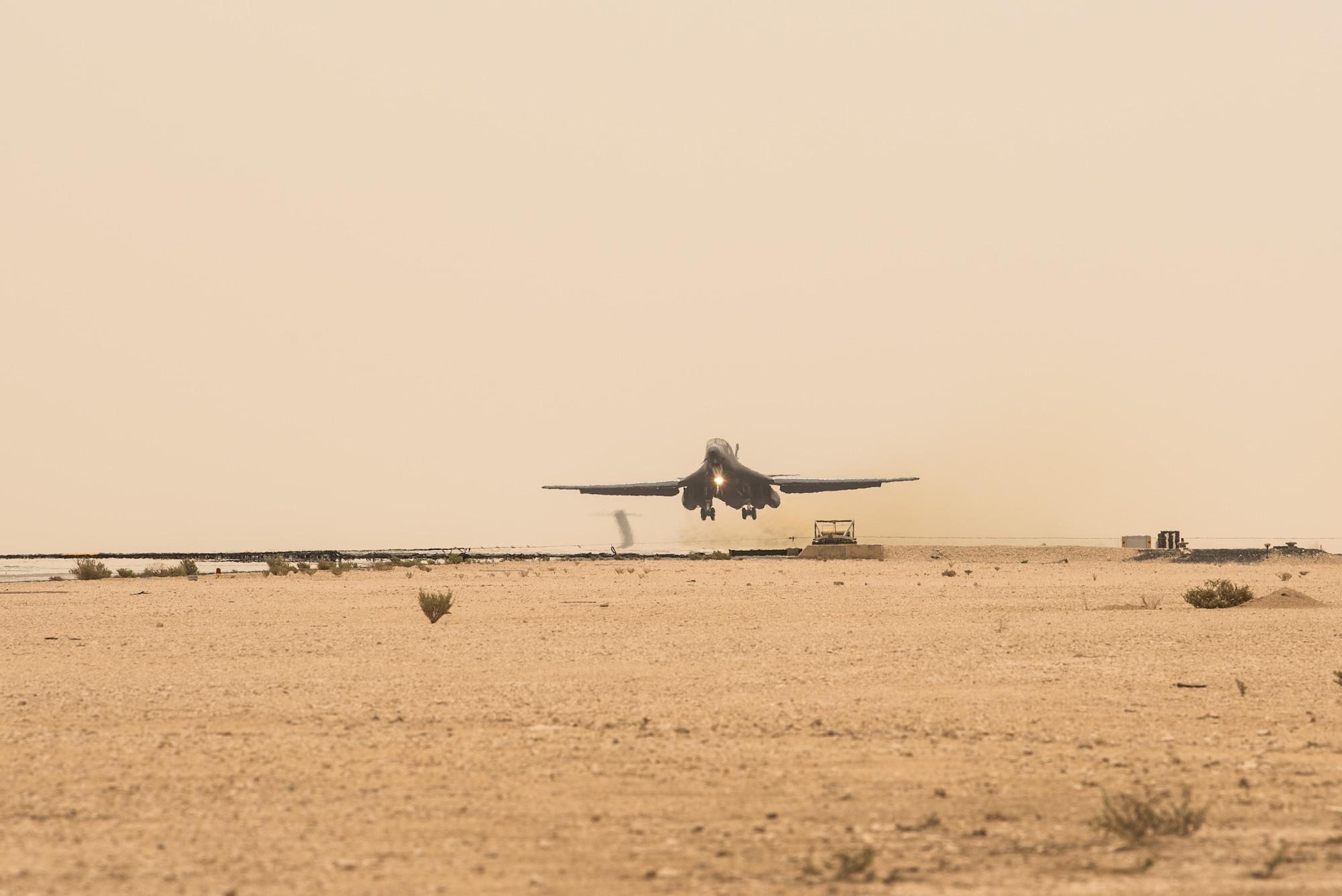 A B-1B Lancer aircraft from the 34th Bomb Squadron departs from Al Udeid Air Base, Qatar, April 8, 2017. This departure marks the airframe’s first mission in the U.S. Air Force Central Command's area of operations in more than two years. (U.S. Air Force photo by Staff Sgt. Joshua Horton)