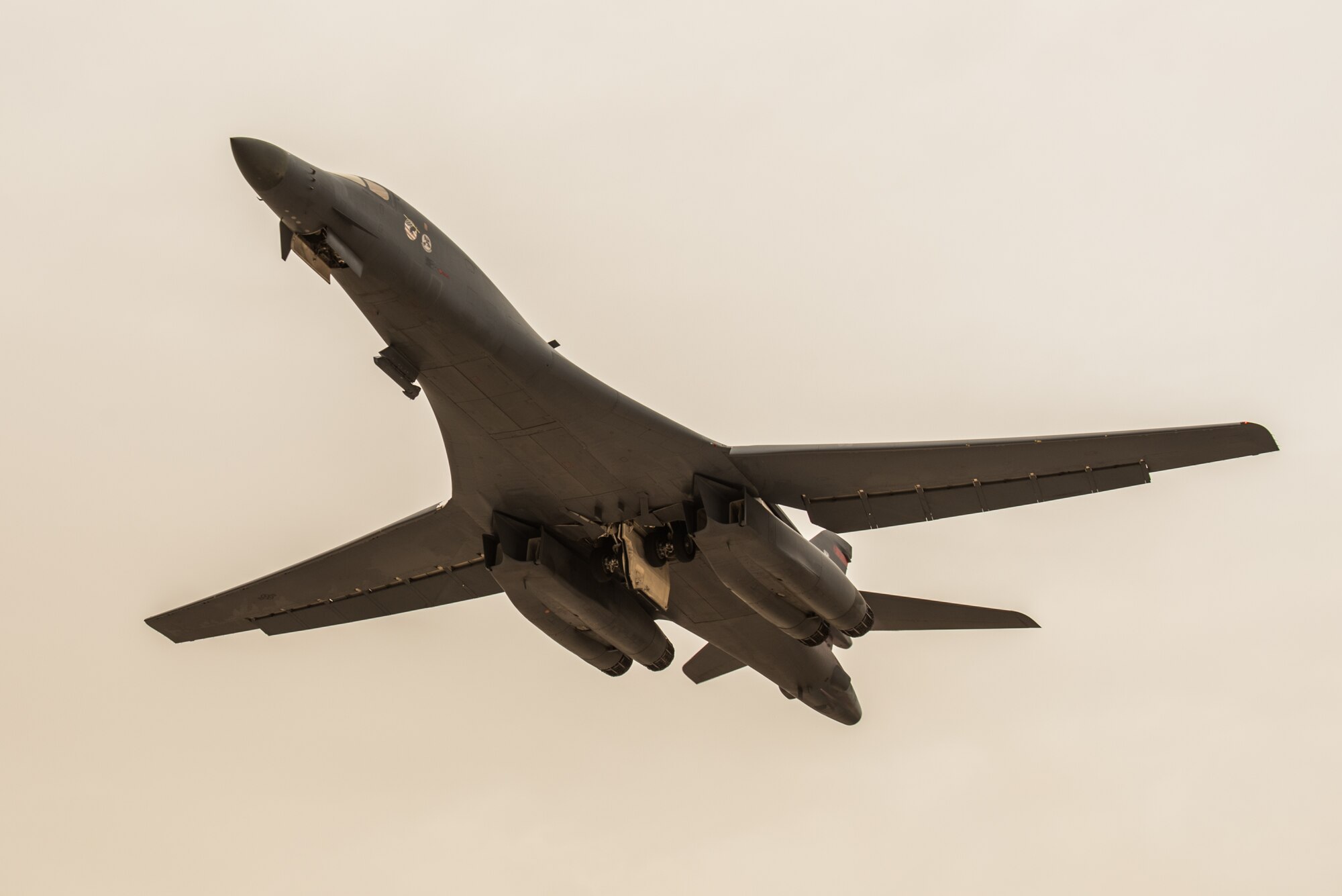 A B-1B Lancer aircraft from the 34th Bomb Squadron departs from Al Udeid Air Base, Qatar, April 8, 2017. This departure marks the airframe’s first mission in the U.S. Air Force Central Command's area of operations in more than two years. (U.S. Air Force photo by Staff Sgt. Joshua Horton)