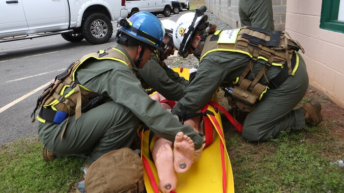 Exercise Scarlet Response is a scenario-based training evolution that allows Reaction Force Company and Headquarters and Service Company Marines and Sailors to cross-train in all of CBIRF’s capabilities during two days of lane training and a 12-hour continuous operation exercise and a final 72-hour certification exercise simulating a response to an earthquake in Chattanooga, Tenn.