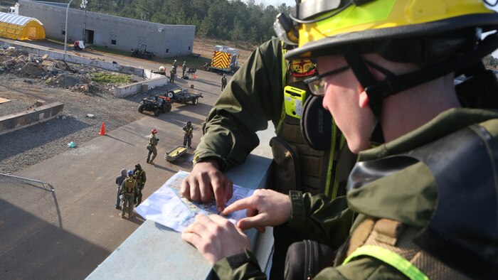 Exercise Scarlet Response is a scenario-based training evolution that allows Reaction Force Company and Headquarters and Service Company Marines and Sailors to cross-train in all of CBIRF’s capabilities during two days of lane training and a 12-hour continuous operation exercise and a final 72-hour certification exercise simulating a response to an earthquake in Chattanooga, Tenn.