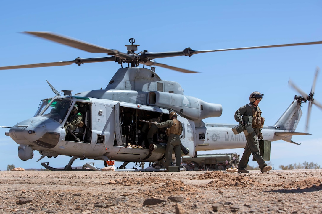 A Marine Corps UH-1Y Venom helicopter lands.