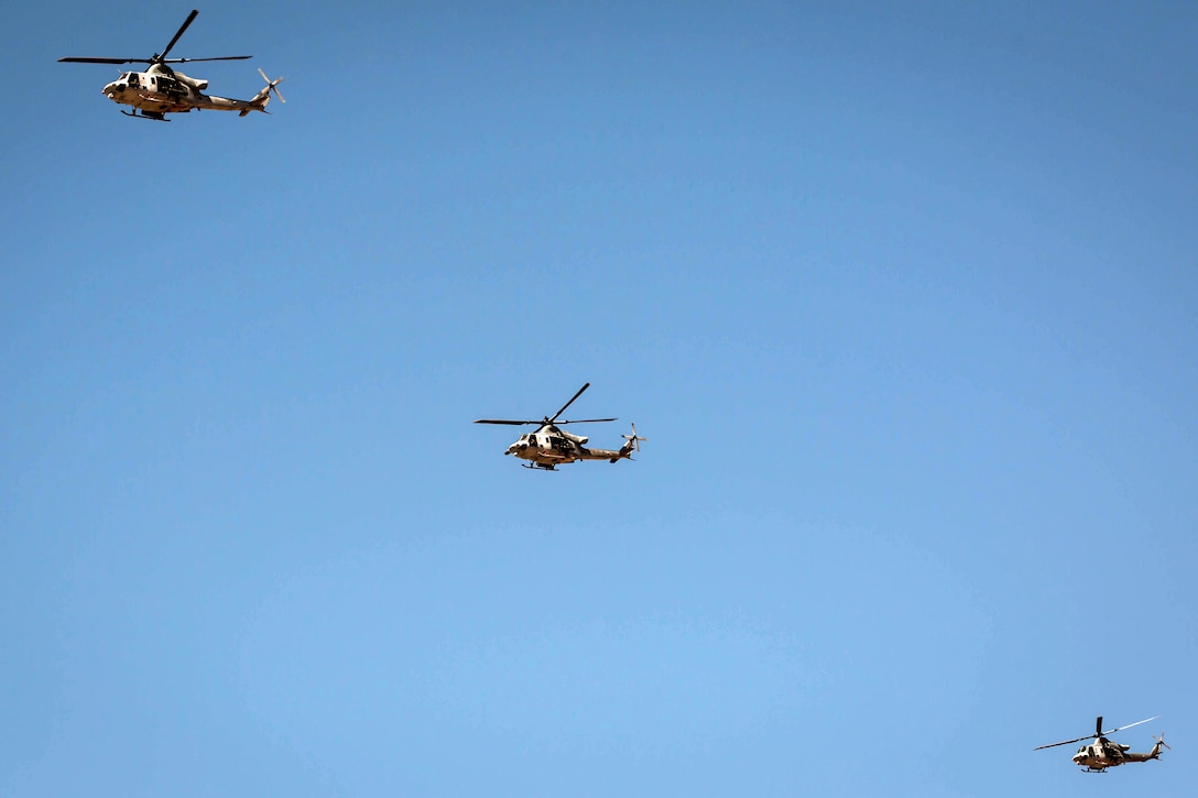 A Marine Corps UH-1Y Venom helicopter lands.