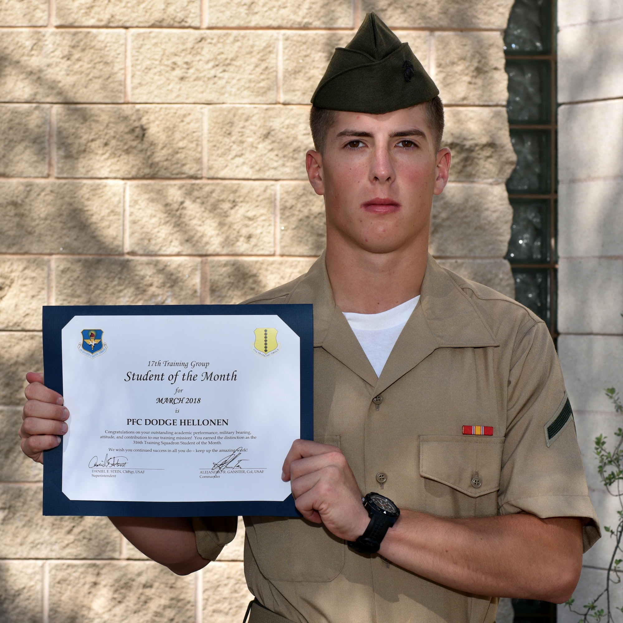 17th Training Group Student of the Month for March 2018, U.S. Marine Corps Pfc. Dodge Hellonen, Marine Corps Detachment at Goodfellow trainee, stands outside the Event Center on Goodfellow Air Force Base, Texas, April 6, 2018. Hellonen is the Goodfellow Student of the Month spotlight for March 2018, a series highlighting Goodfellow students. (U.S. Air Force photo by Senior Airman Randall Moose/Released)