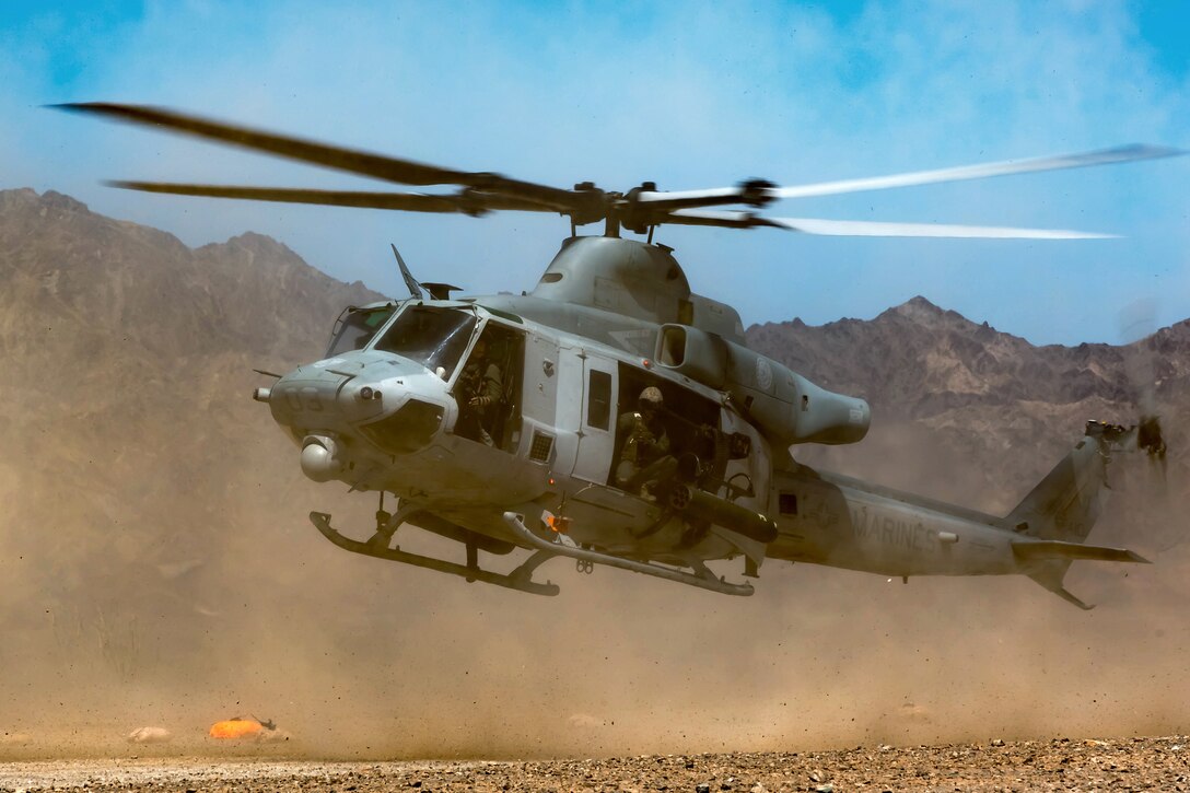 A Marine Corps UH-1Y Venom helicopter lands.