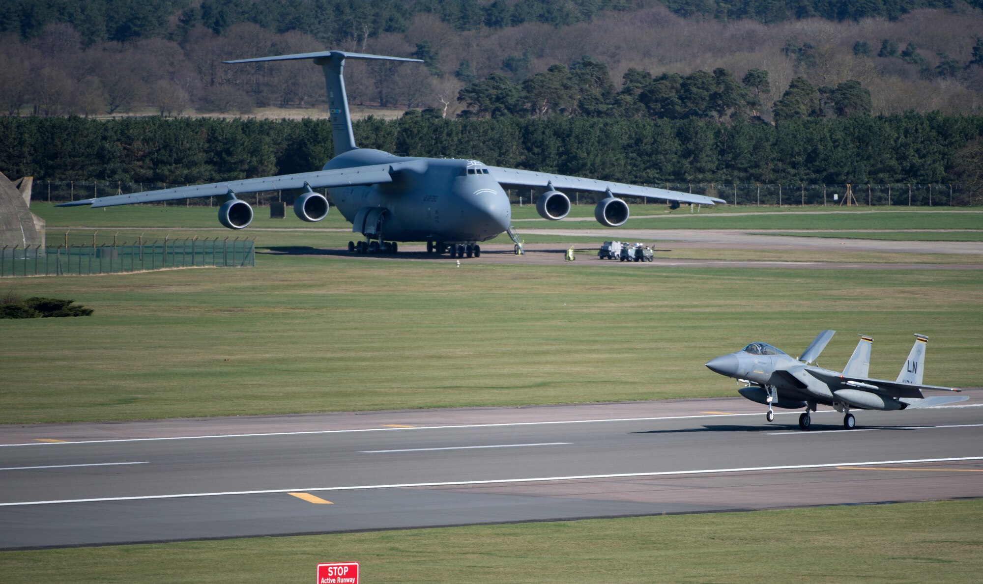 An F-15C Eagle assigned to the 493rd Fighter Squadron lands at Royal Air Force Lakenheath, England, April 5, 2018. The 493rd FS is a combat-ready F-15C/D Eagle squadron capable of executing air superiority and air defense missions in support of contingency operations for U.S. European Command, U.S. Africa Command and NATO. (U.S. Air Force photo/ Senior Airman Malcolm Mayfield)