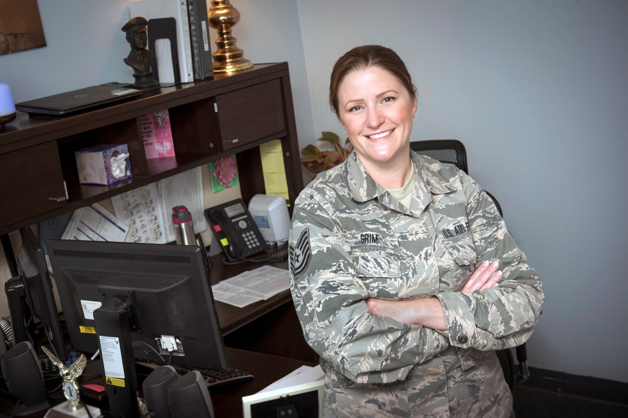 Tech. Sgt. Christina Grim, a budget analyst for the 167th Comptroller Flight, was selected as the 167th Airlift Wing’s Airman Spotlight for April. (U.S. Air National Guard photo by Senior Master Sgt. Emily Beightol-Deyerle)