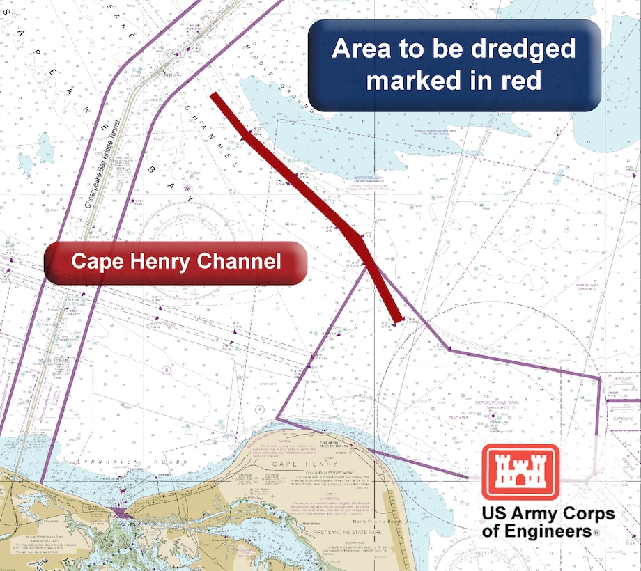 Map shows where crews under contract of the U.S. Army Corps of Engineers, Baltimore District, will be dredging approximately 2.5 million cubic yards of material as part of maintenance dredging of the Cape Henry Channel in the Virginia waters of the Chesapeake Bay where shipping vessels enter the Bay en route to the Port of Baltimore.