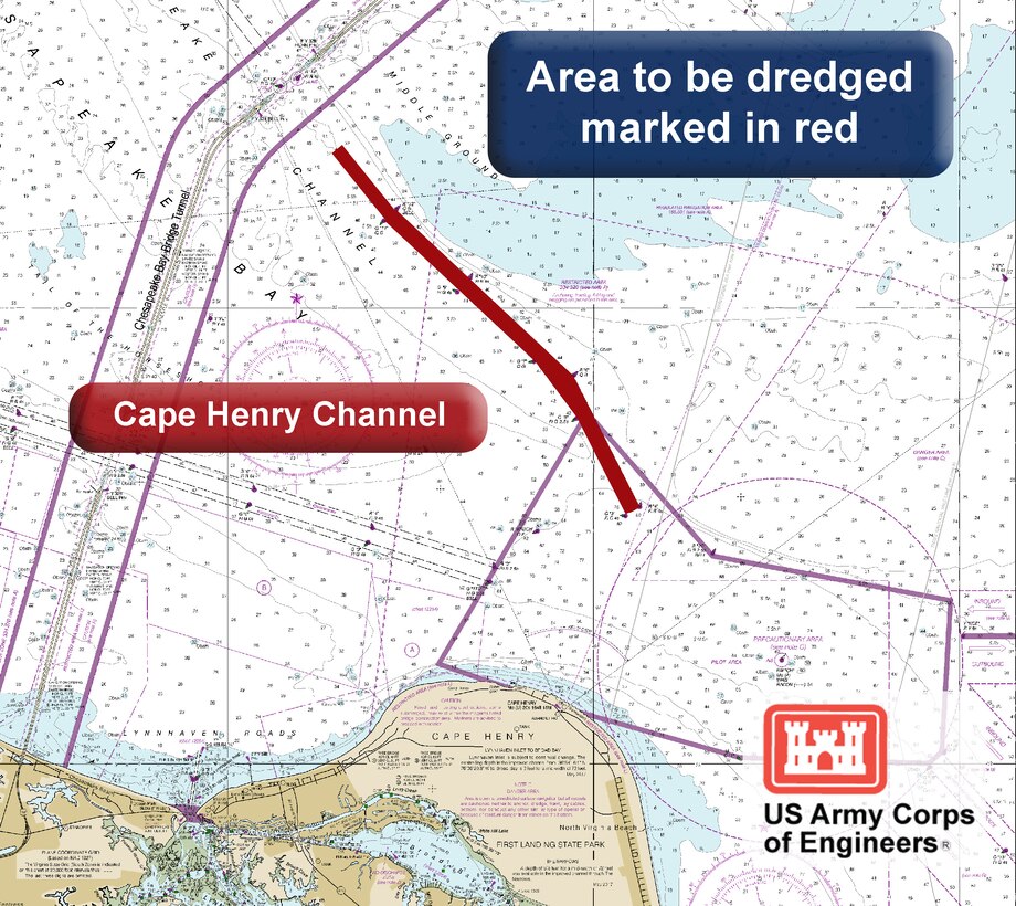 Map shows where crews under contract of the U.S. Army Corps of Engineers, Baltimore District, will be dredging approximately 2.5 million cubic yards of material as part of maintenance dredging of the Cape Henry Channel in the Virginia waters of the Chesapeake Bay where shipping vessels enter the Bay en route to the Port of Baltimore.