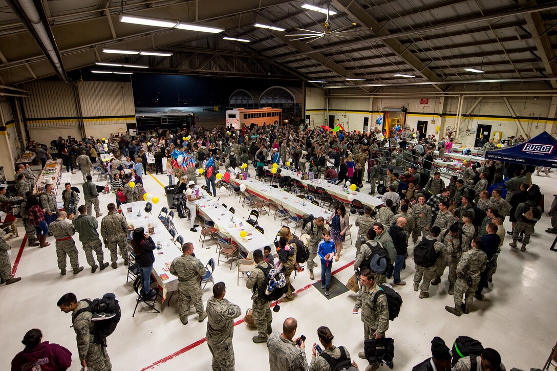 Airmen from the 4th Fighter Wing greet their families and friends upon return from deployment, April 9, 2018, at Seymour Johnson Air Force Base, North Carolina.