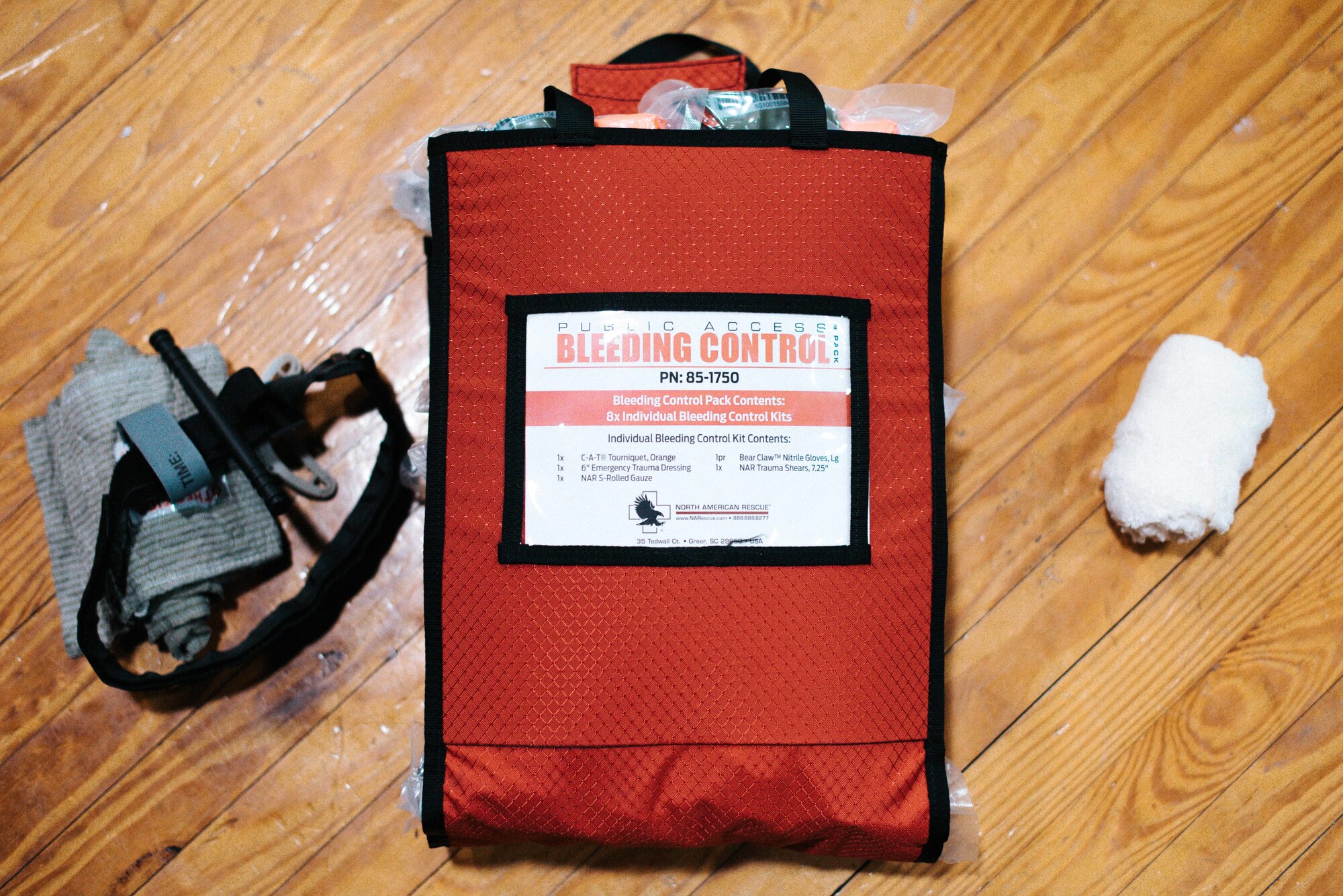 A bleeding control kit is displayed during a bleeding control kit training session at the base theater on Joint Base Andrews, Md., March 29. 2018. The event was a part of the “Stop the Bleed” campaign, which empowers bystanders to understand and implement simple methods to stop or slow life-threatening bleeding, particularly during trauma events.