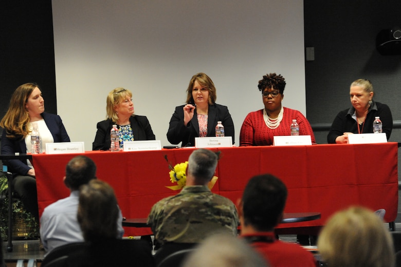 Meagan Brantley, Center Contracting, Kay Sommerkamp, Office of Counsel, Betina Johnson, Ordnance and Explosives Directorate, Lilian Fox, Center Contracting and Valerie Klinkenbeard, Engineering Directorate, spoke in depth about their experiences during the U.S. Army Engineering and Support Center, Huntsville’s Equal Employment Opportunity office-sponsored Women’s History Month 2018 event March 29. The theme, “Nevertheless She Persisted,” brought attention to each panelists’ persistence to succeed professionally and also shed light upon how the Center has changed over the years.
