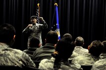 Chief Master Sgt. Imelda Johnson, 22nd Air Force command chief, speaks to 302nd Airlift Wing reservists during an enlisted town hall meeting April 7, 2018 at Peterson Air Force Base, Colorado. During Johnson’s remarks, Airmen had the chance to ask questions and receive feedback on matters impacting the enlisted force. (U.S. Air Force photo by Staff Sgt. Justin Norton)