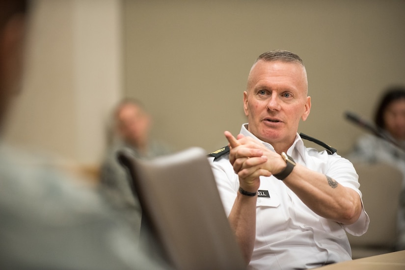 Army Command Sgt. Maj. John W. Troxell, senior enlisted advisor to the chairman of the Joint Chiefs of Staff, speaks to airmen attending an Air Force Element Senior Enlisted Leader Conference at the Pentagon.