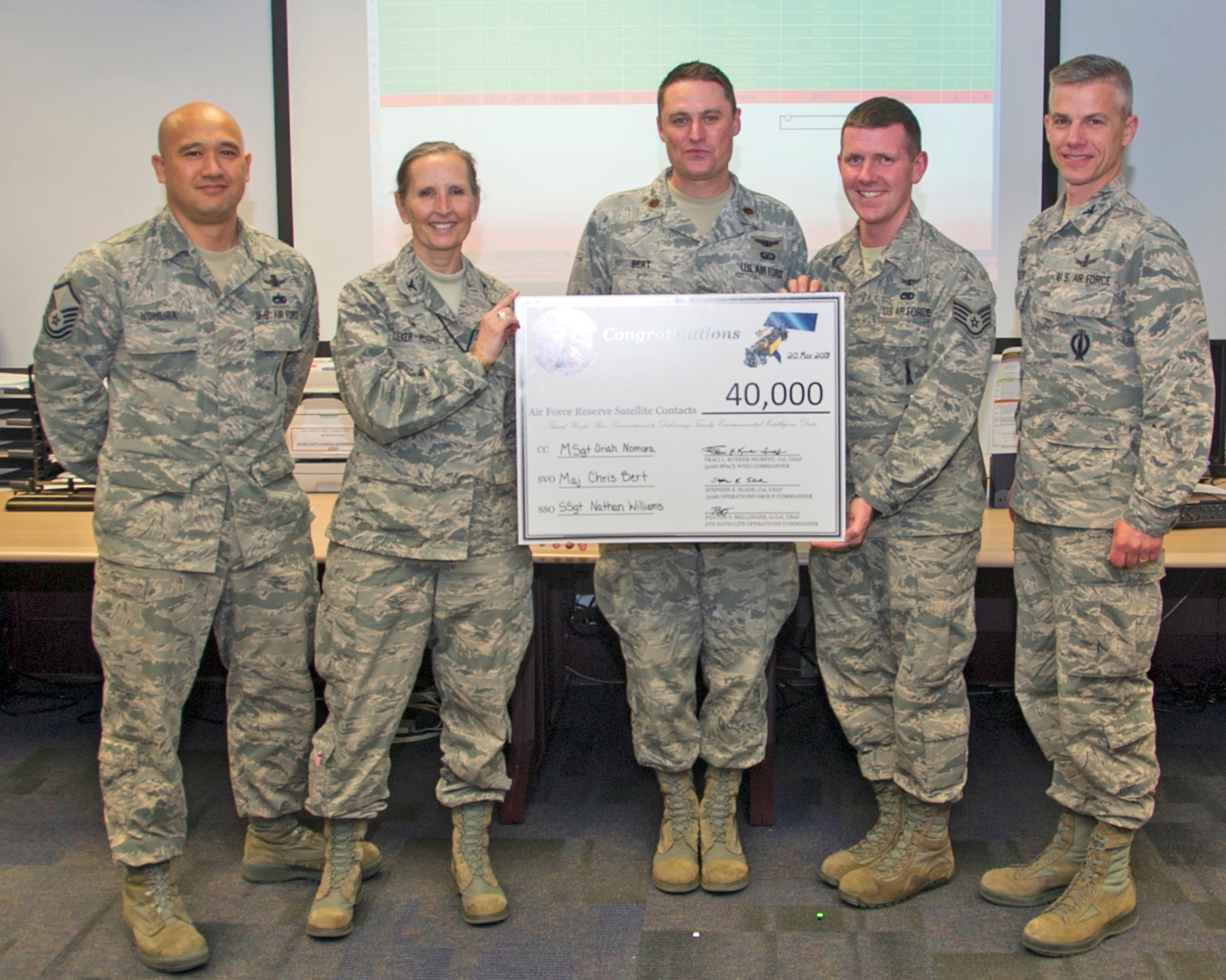 Col. Traci Kueker-Murphy, 310th Space Wing commander, and Col. Stephen Slade, 310th Operations Group commander, present members of the 6th Space Operations Squadron with a celebratory "check" to mark their completion of the squadron's 40,000th satellite contact on Tuesday, Mar. 20, 2018.