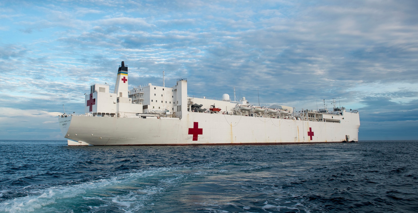 BENGKULU, Indonesia (March 30, 2018) Military Sealift Command hospital ship USNS Mercy (T-AH 19) sits anchored off the coast of Bengkulu in support of Mercy�s first mission stop of Pacific Partnership 2018 (PP18). PP18�s mission is to work collectively with host and partner nations to enhance regional interoperability and disaster response capabilities, increase stability and security in the region, and foster new and enduring friendships across the Indo-Pacific Region. Pacific Partnership, now in its 13th iteration, is the largest annual multinational humanitarian assistance and disaster relief preparedness mission conducted in the Indo-Pacific. (U.S. Navy photo by Mass Communication Specialist 3rd Class Cameron Pinske/Released)