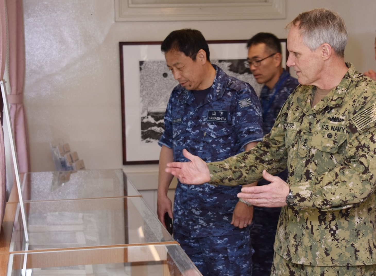 KYOTO, Japan (April 10, 2018) Vice. Adm. Phil Sawyer, commander, U.S. 7th Fleet, forefront, visits Togo-tei, the official residence of former Japanese Imperial Navy admiral Togo Heihachiro as a guest of Japan Maritime Self-Defense Force (JMSDF) Vice Adm. Kazuki Yamashita left, commandant of the JMSDF Yokosuka District and Vice Adm. Takehisa Nakao, commandant of the Maizuru District. Sawyer visited the Maizuru district headquarters in Kyoto to reinforce 7th Fleet’s close, long-standing partnership with the JMSDF throughout Japan.
