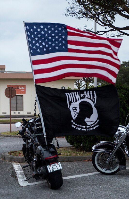 Motorcycles led the memorial procession for the Bataan Death March Memorial hike, April 7, 2018 on Kadena Air Force base, Okinawa, Japan. More than 200 service members and their families participated in the 8.5 mile hike around Kadena’s perimeter in remembrance of the prisoners of war who perished as a result of the Death March that took place in the Philippine archipelago in 1942 during WWII.