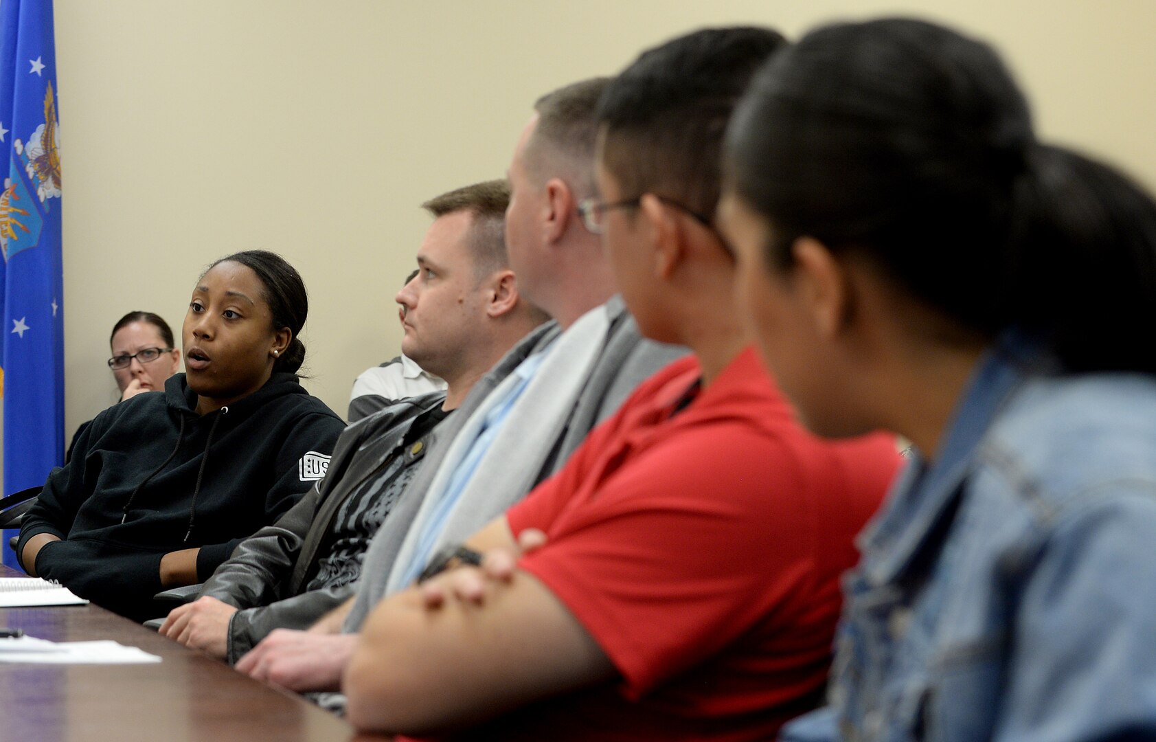 Staff Sgt. Amanda Harris, 346th Test Squadron commander’s support staff NCO in charge, shares her personal leadership philosophy during an Airpower Leadership Academy session, Feb. 15, 2018, at Joint Base San Antonio-Lackland, Texas. ALA provided 11 staff and technical sergeants the opportunity to learn from nine senior noncommissioned officers in order to develop their personal leadership philosophy. (U.S. Air Force photo by Tech. Sgt. R.J. Biermann)