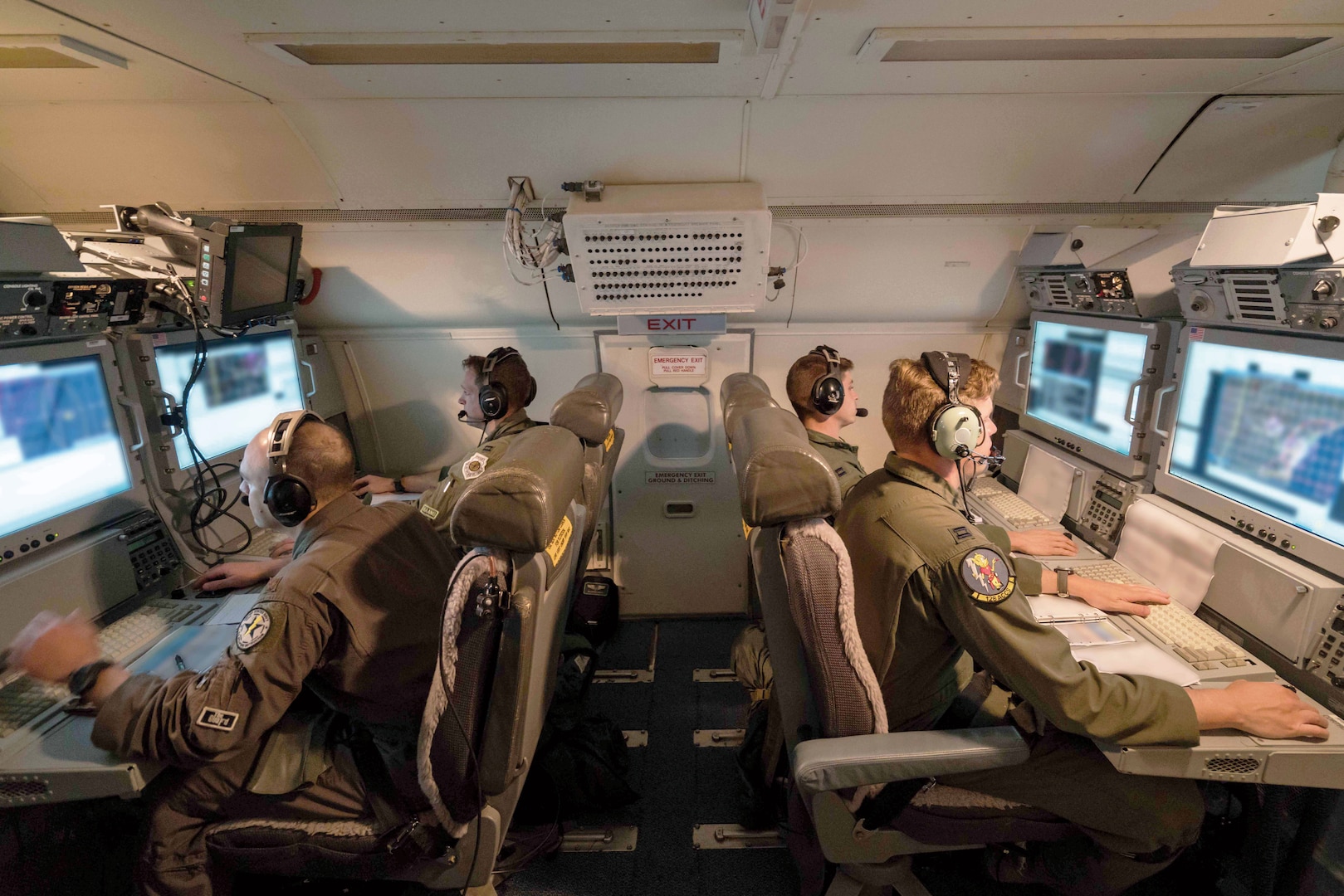 Airmen from 116th Air Control Wing, Georgia Air National Guard, monitor surveillance data while flying night mission aboard E-8C Joint STARS, Robins
Air Force Base, Georgia, July 2017 (U.S. Air National Guard/Roger Parsons/Portions of photo have been blurred for security and privacy concerns)