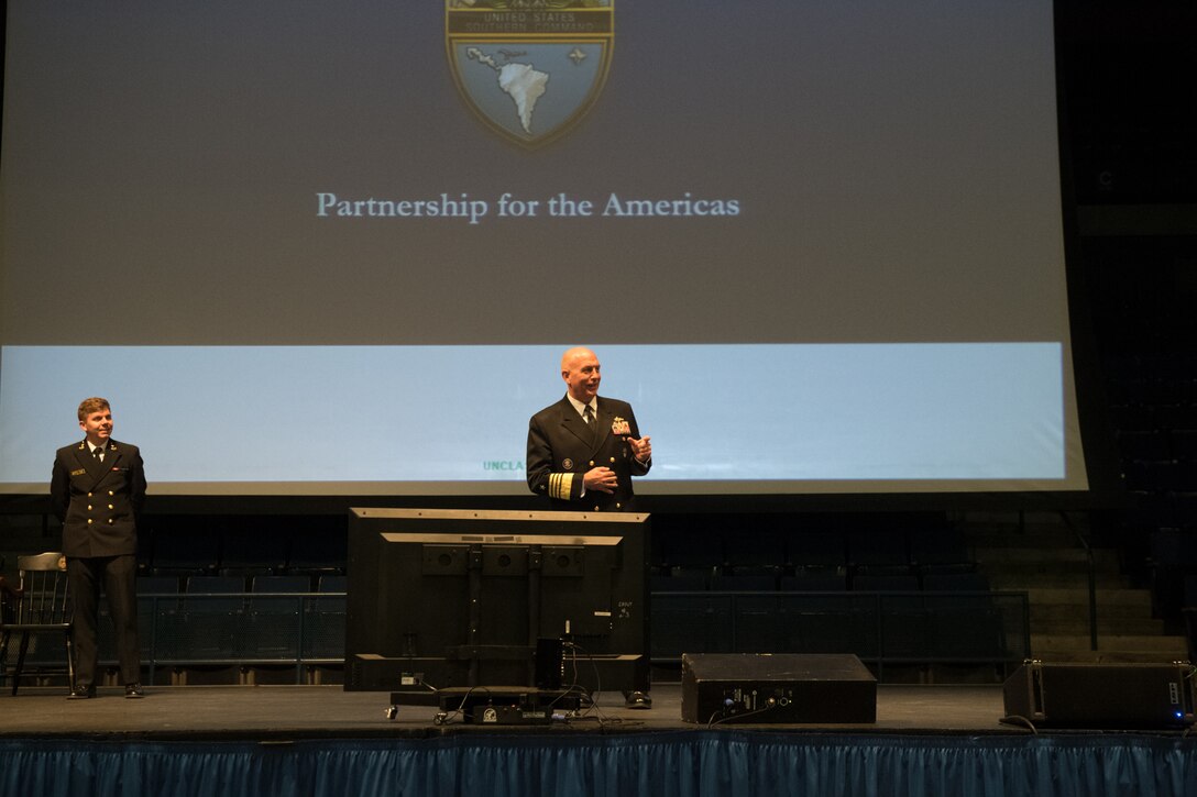 Adm. Kurt W. Tidd  speaks to midshipmen at the U.S. Naval Academy.