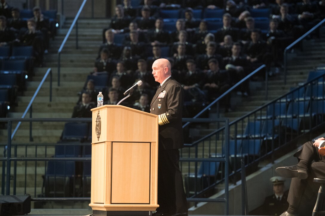 Adm. Kurt W. Tidd  speaks to midshipmen at the U.S. Naval Academy.