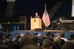 Adm. Kurt W. Tidd  speaks to midshipmen at the U.S. Naval Academy.