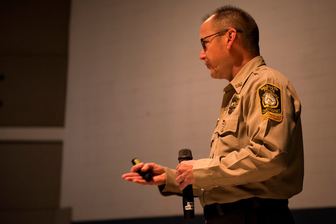 Randall Hancock, Valdosta Police Department crime prevention officer, speaks to Team Moody Airmen about the effects of drunken driving, March 9, 2018, at Moody Air Force Base, Ga. Moody’s Alcohol Drug and Prevention Treatment program hosted the event as part of Alcohol Awareness Month, with this year’s theme being “Changing Attitudes: It’s not a ‘rite of passage.’” The focus of the event was geared towards educating Airmen on how to drink responsibly and the effects of drunken driving. (U.S. Air Force photo by Airman 1st Class Erick Requadt)