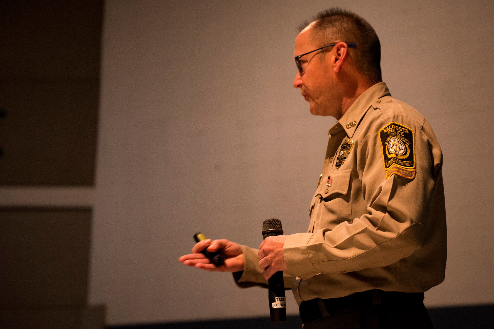 Randall Hancock, Valdosta Police Department crime prevention officer, speaks to Team Moody Airmen about the effects of drunken driving, March 9, 2018, at Moody Air Force Base, Ga. Moody’s Alcohol Drug and Prevention Treatment program hosted the event as part of Alcohol Awareness Month, with this year’s theme being “Changing Attitudes: It’s not a ‘rite of passage.’” The focus of the event was geared towards educating Airmen on how to drink responsibly and the effects of drunken driving. (U.S. Air Force photo by Airman 1st Class Erick Requadt)