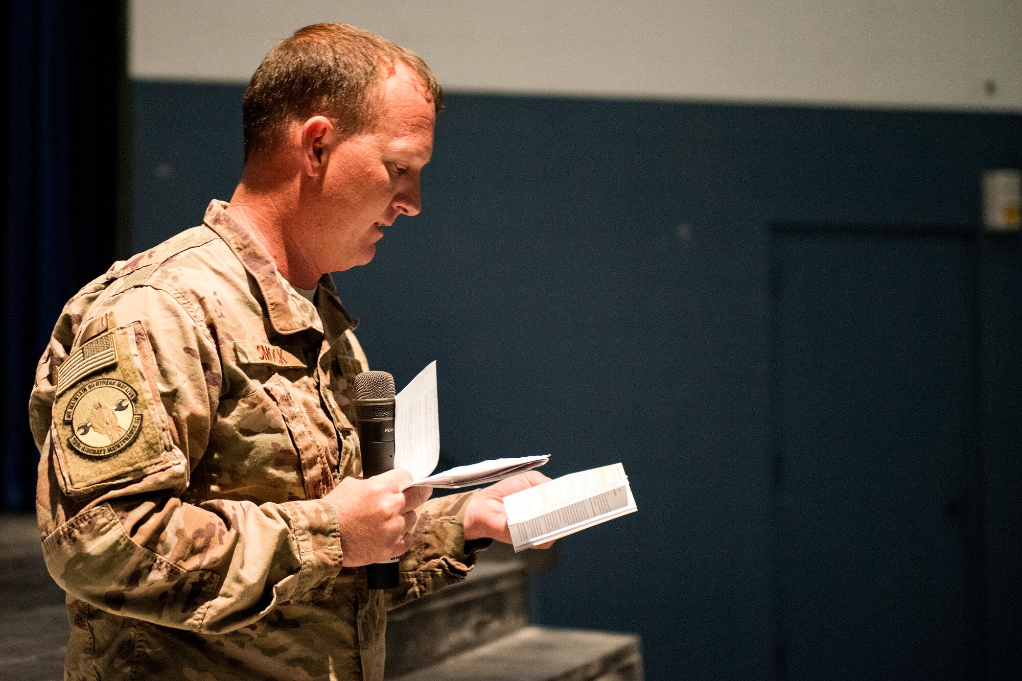Staff Sgt. Justin Smock, 723d Aircraft Maintenance Squadron HH-60G Pave Hawk crew chief, gives a testimony about the negative effects of drunken driving during Moody’s Alcohol Awareness Day, March 9, 2018, at Moody Air Force Base, Ga. Moody’s Alcohol Drug and Prevention Treatment program hosted the event as part of Alcohol Awareness Month, with this year’s theme being “Changing Attitudes: It’s not a ‘rite of passage.’” The focus of the event was geared towards educating Airmen on how to drink responsibly and the effects of drunken driving. (U.S. Air Force photo by Airman 1st Class Erick Requadt)