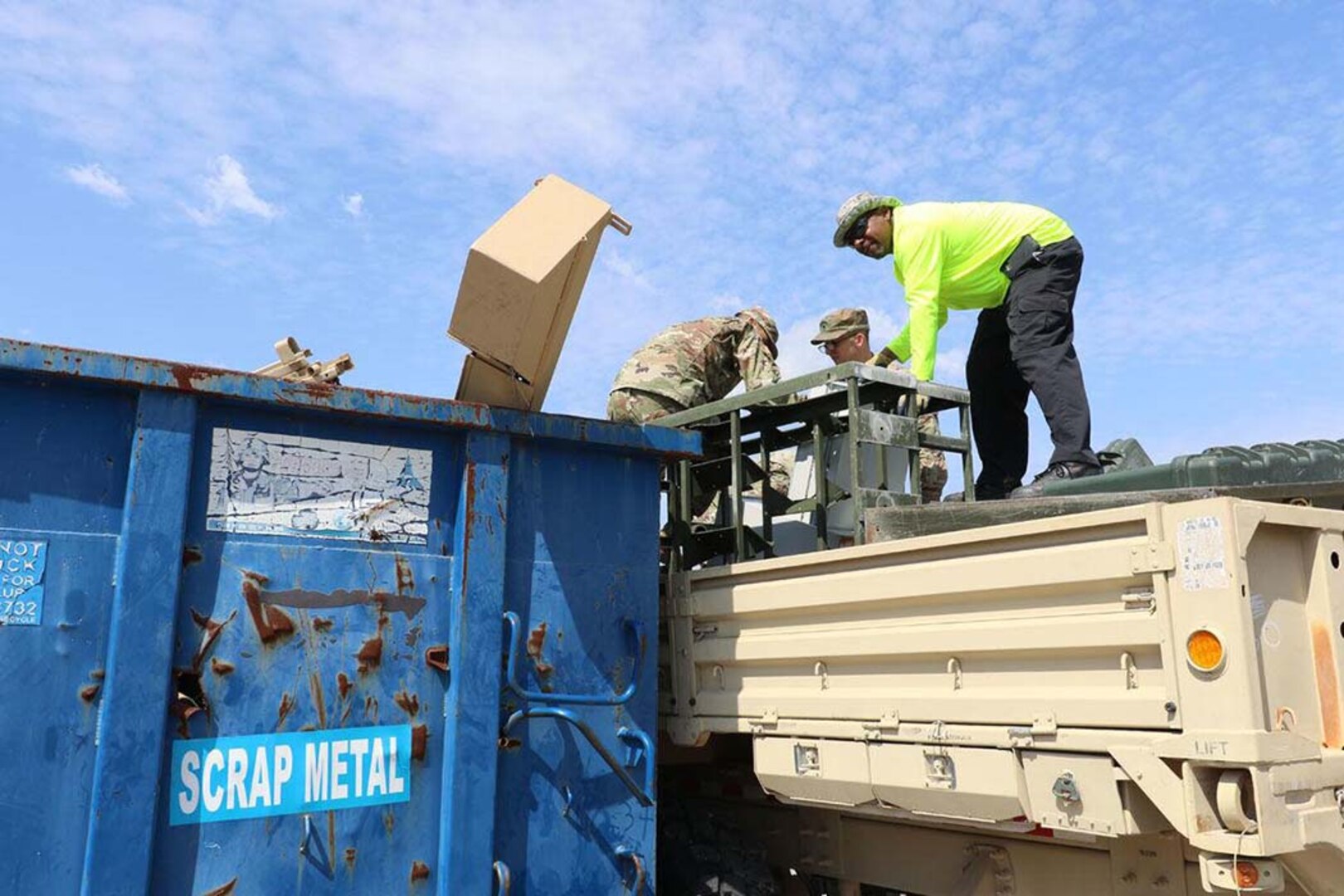 Everett Estell, material handler, Fort Hood Recycle, helps Soldiers recycle unserviceable military equipment, which will generate revenue for the installation’s recycle program.