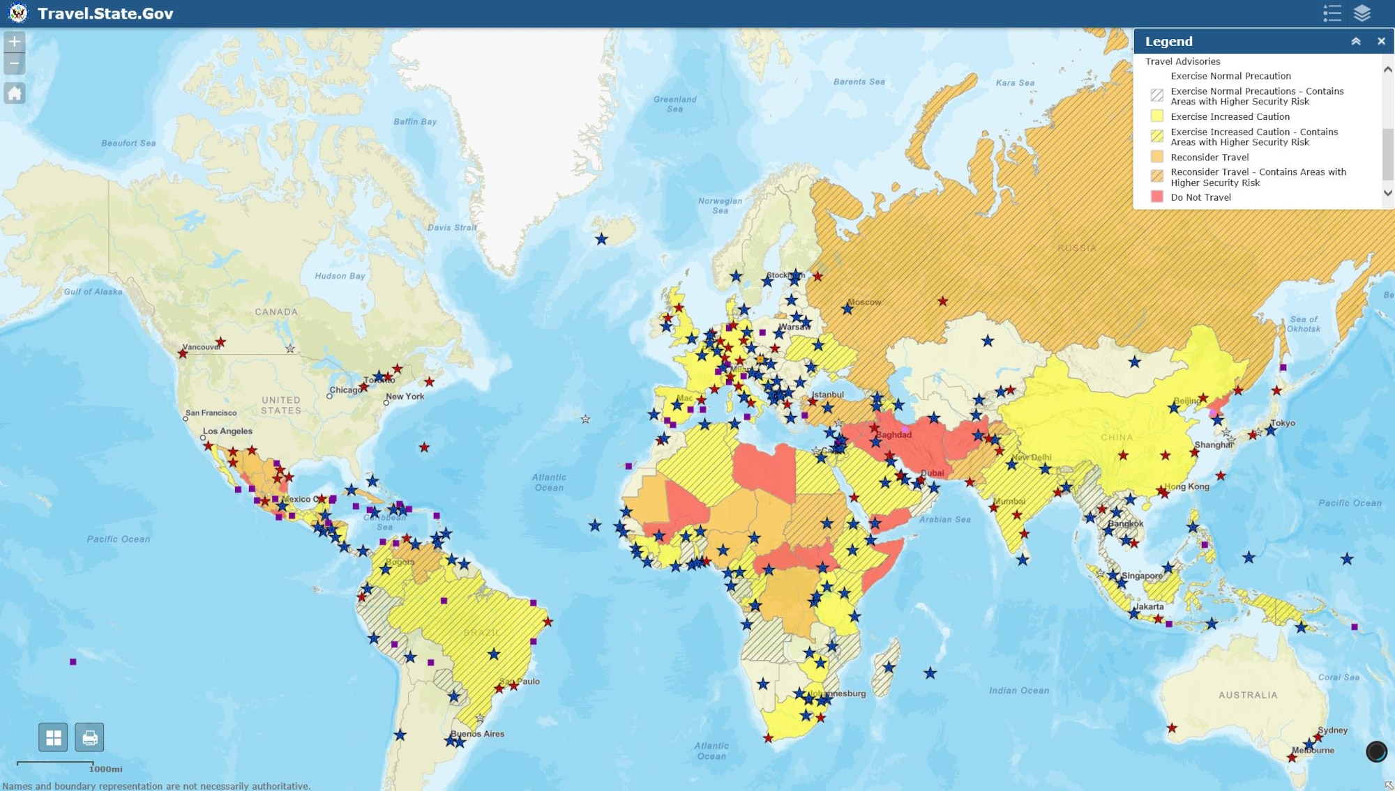 A color-coded map, found on travelmaps.state.gov, indicates the threat levels found in each country. The blue stars represent U.S. embassies and the red stars represent Consulate General. State Department travel advisories describe risks found within each country and provide clear actions U.S. citizens can take to ensure their own safety.