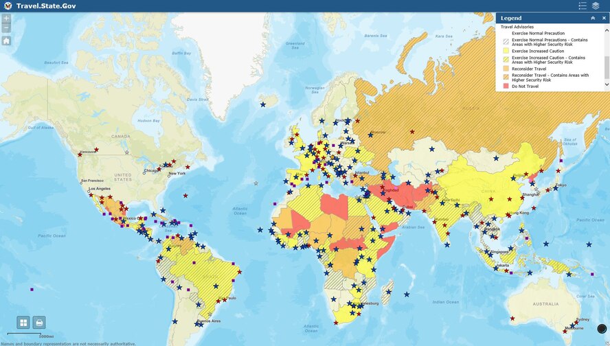 A color-coded map, found on travelmaps.state.gov, indicates the threat levels found in each country. The blue stars represent U.S. embassies and the red stars represent Consulate General. State Department travel advisories describe risks found within each country and provide clear actions U.S. citizens can take to ensure their own safety.