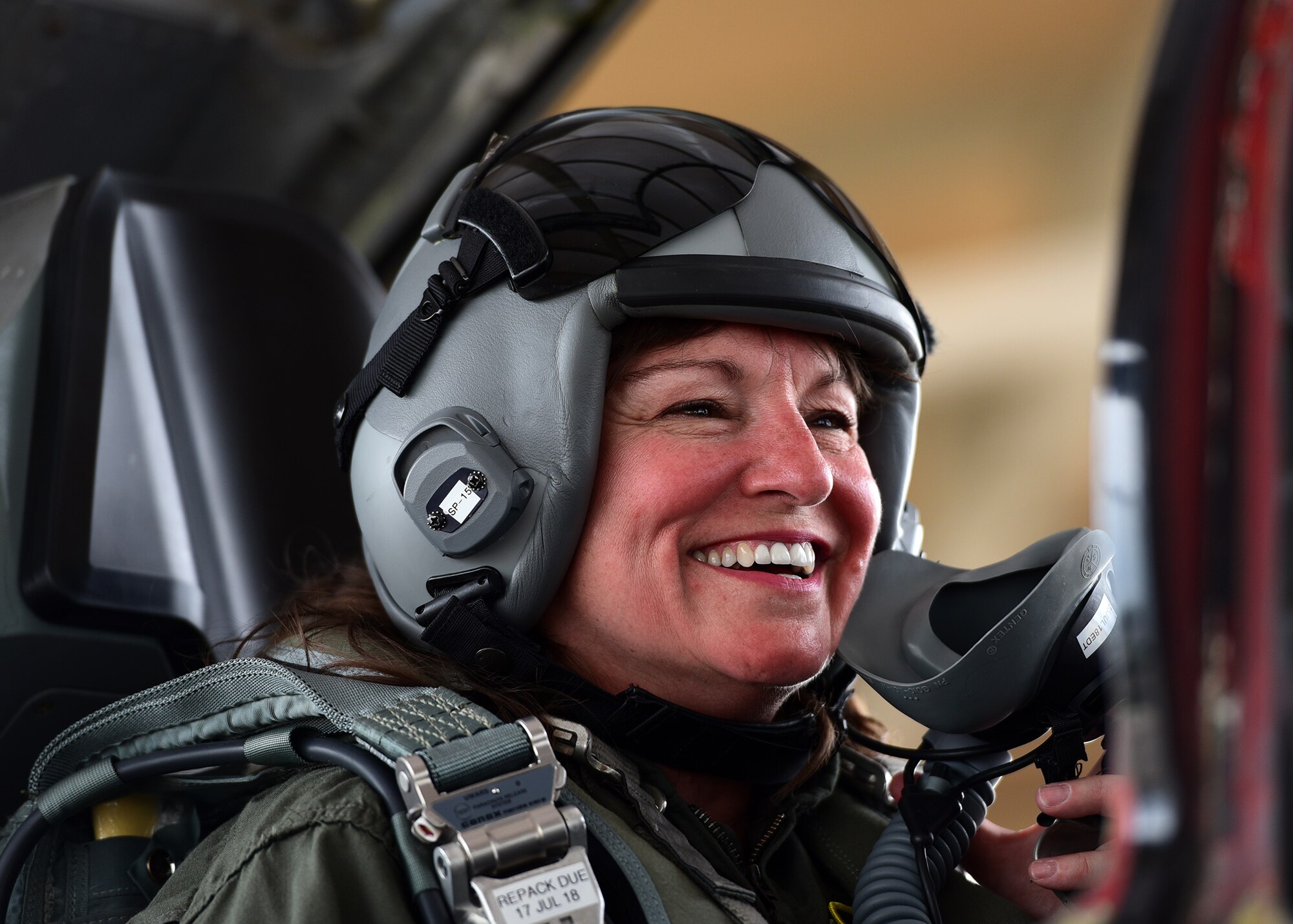 Cathy Felty, Florida’s Bay County Teacher of the Year, smiles from the cockpit of a T-38 Talon prior to a familiarization flight at Tyndall Air Force Base, Fla., April 9, 2018. Felty was flown after undergoing several safety briefings, medical screenings and mission brief. (U.S. Air Force photo by Airman 1st Class Isaiah J. Soliz/Released)