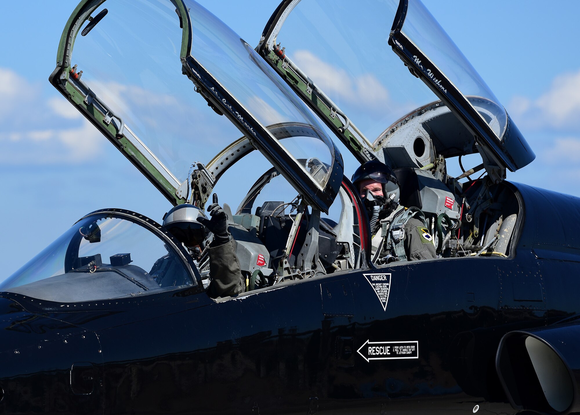 U.S. Air Force Col. Michael Hernandez, 325th Fighter Wing commander(left), and U.S. Senator Bill Nelson (right), of Florida, taxi in a T-38 Talon during a familiarization flight at Tyndall Air Force Base, Fla., April 3, 2018. The Florida senator was flown in a T-38 to better familiarize him with Tyndall’s mission and the base’s impact on the local, state and national arenas. He was flown after undergoing several safety briefings, medical screenings, and a mission brief given by Hernandez. (U.S. Air Force photo by Airman 1st Class Isaiah J. Soliz/Released)