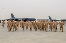 A B-52 Stratofortress aircraft assigned to the 69th Expeditionary Bomb Squadron lands at Al Udeid Air Base, Qatar, April 8, 2018, signifying the completion of its last sortie here before turning over the bomber mission to the newly arrived B-1B Lancer.  Since its arrival in 2016, the BUFF flew more than 1,800 sorties and employed nearly 12,000 weapons against ISIS and Taliban targets. (U.S. Air Force photo by Staff Sgt. Patrick Evenson)