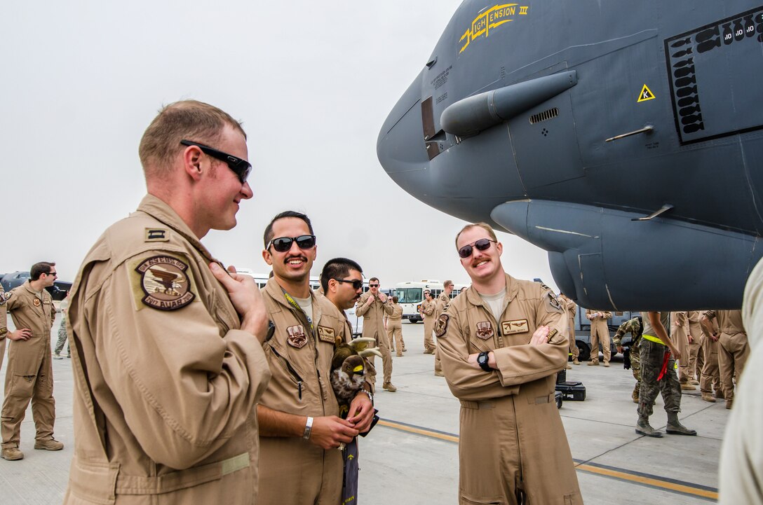 A B-52 Stratofortress aircraft assigned to the 69th Expeditionary Bomb Squadron lands at Al Udeid Air Base, Qatar, April 8, 2018, signifying the completion of its last sortie here before turning over the bomber mission to the newly arrived B-1B Lancer.  Since its arrival in 2016, the BUFF flew more than 1,800 sorties and employed nearly 12,000 weapons against ISIS and Taliban targets. (U.S. Air Force photo by Staff Sgt. Patrick Evenson)