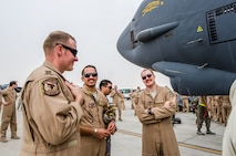 A B-52 Stratofortress aircraft assigned to the 69th Expeditionary Bomb Squadron lands at Al Udeid Air Base, Qatar, April 8, 2018, signifying the completion of its last sortie here before turning over the bomber mission to the newly arrived B-1B Lancer.  Since its arrival in 2016, the BUFF flew more than 1,800 sorties and employed nearly 12,000 weapons against ISIS and Taliban targets. (U.S. Air Force photo by Staff Sgt. Patrick Evenson)