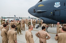 A B-52 Stratofortress aircraft assigned to the 69th Expeditionary Bomb Squadron lands at Al Udeid Air Base, Qatar, April 8, 2018, signifying the completion of its last sortie here before turning over the bomber mission to the newly arrived B-1B Lancer.  Since its arrival in 2016, the BUFF flew more than 1,800 sorties and employed nearly 12,000 weapons against ISIS and Taliban targets. (U.S. Air Force photo by Staff Sgt. Patrick Evenson)
