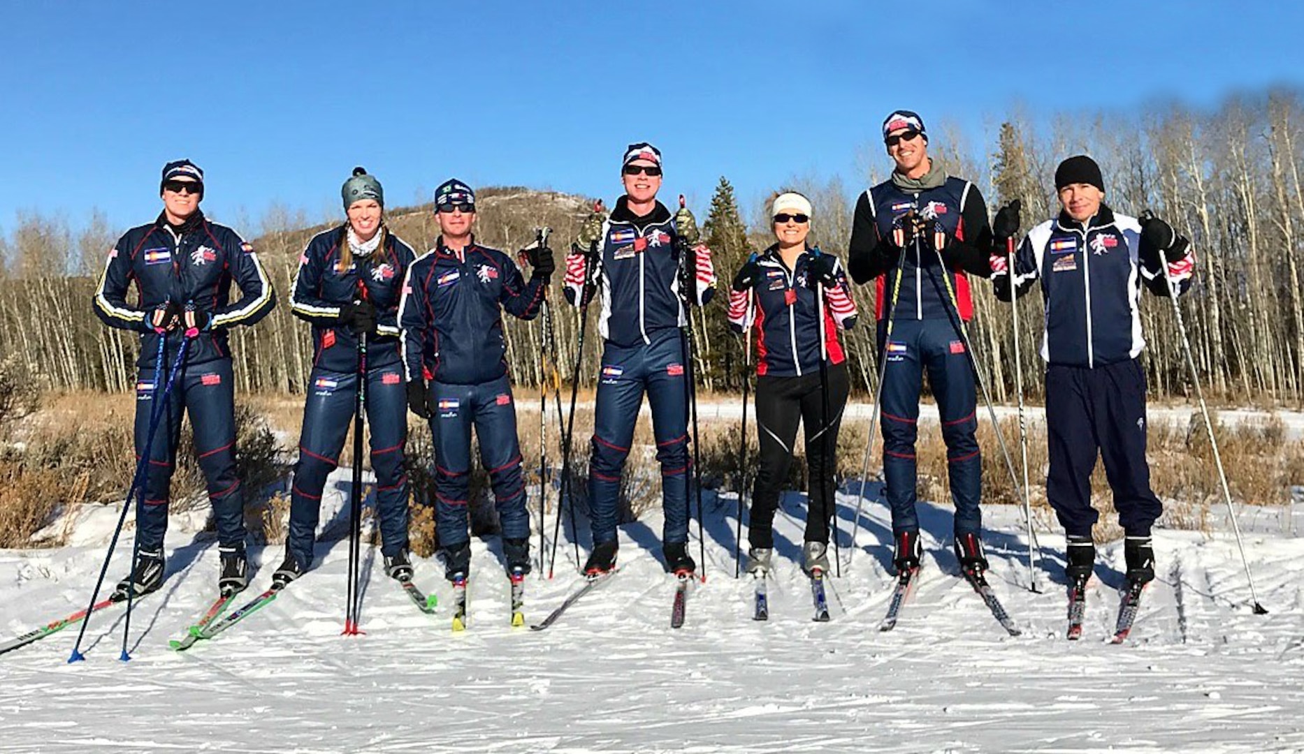 Members of the 2017 Colorado National Guard Biathlon team pose for a photo during ski training at Snow Mountain Ranch in Granby, Colorado, Dec. 15, 2017.