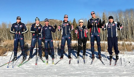 Members of the 2017 Colorado National Guard Biathlon team pose for a photo during ski training at Snow Mountain Ranch in Granby, Colorado, Dec. 15, 2017.