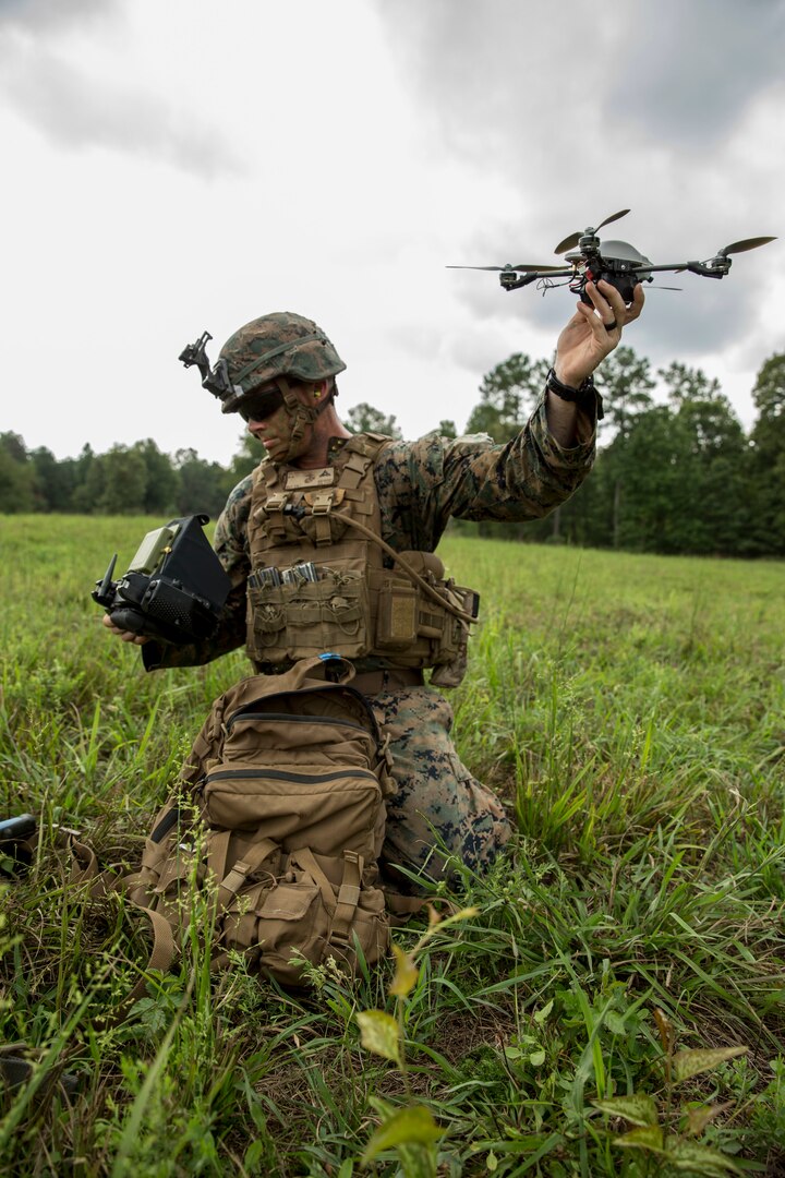 Marine with Company Bravo, 1st Battalion, 6th Marine Regiment, prepares to fly an InstantEye Mk-2 during Infantry Platoon Battle Course as part of Deployment for Training on Fort Pickett, Virginia, August 15, 2017 (U.S. Marine Corps/Michaela R. Gregory)