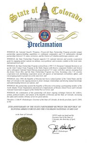 Colorado Gov. John Hickenlooper issued a proclamation for April 3, 2018, as the 25th anniversary of the State Partnership between the Republic of Slovenia’s Armed Forces and the Colorado National Guard Day.